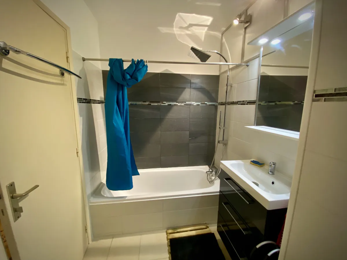 Baignoire avec colonne de douche pluie et douchette, meuble vasque éclairé